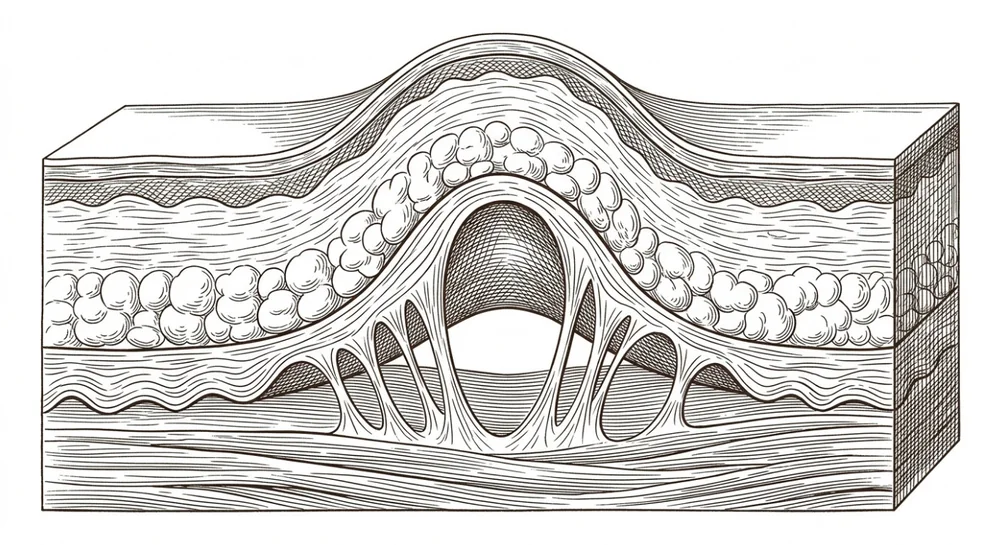 Cross-section diagram of skin layers lifted by suction, the fascia tented away from the muscle below